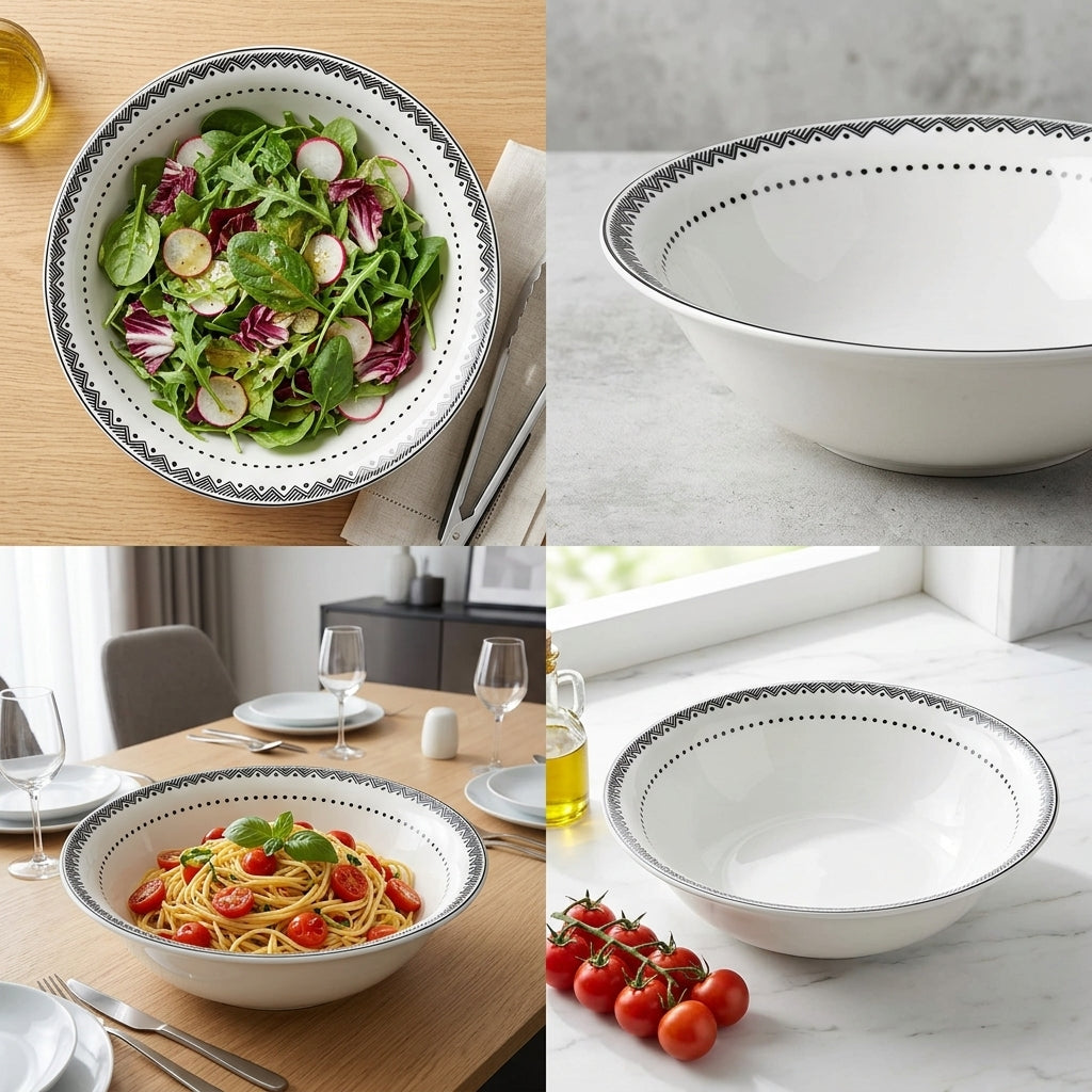 White ceramic bowl with decorative rim containing a salad and pasta, on a wooden table and marble surface.