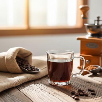 Clear glass mug filled with coffee on a wooden table with coffee beans and a grinder.