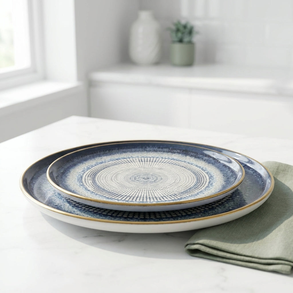 Set of blue and white ceramic plates on a marble surface with a light background