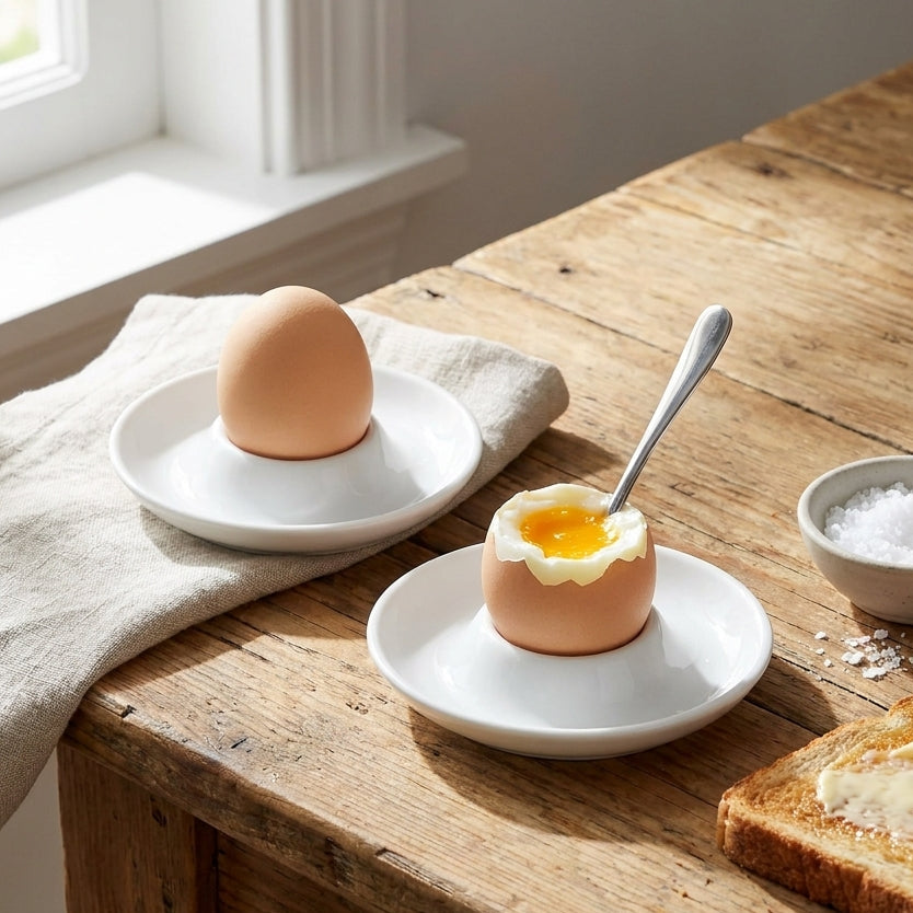 Eggs on a wooden table with a window in the background