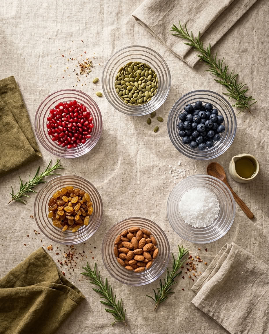 Five clear glass bowls filled with different foods arranged on a beige linen surface: red pomegranate pieces, green pumpkin seeds, blue blueberries, golden raisins, and almonds. Rosemary sprigs, folded olive-green napkins, a small wooden spoon, and a tiny dish of oil are placed around them in a styled flat-lay composition.