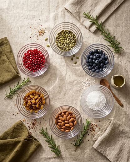 Five clear glass bowls filled with different foods arranged on a beige linen surface: red pomegranate pieces, green pumpkin seeds, blue blueberries, golden raisins, and almonds. Rosemary sprigs, folded olive-green napkins, a small wooden spoon, and a tiny dish of oil are placed around them in a styled flat-lay composition.