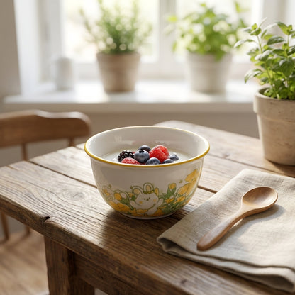 Bowl of fruit on a wooden table with a spoon and plants in the background
