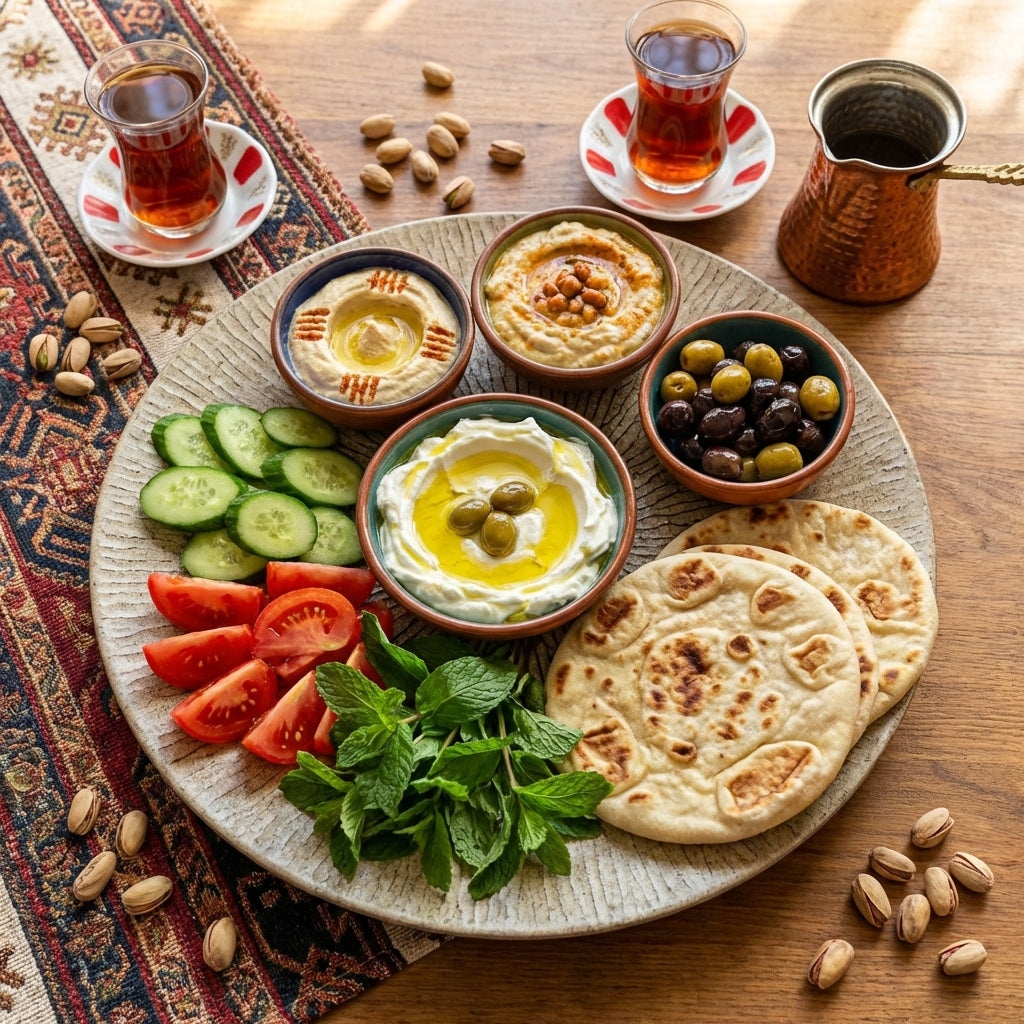 Platter of hummus, pita bread, vegetables, and olives with teacups on a wooden table.