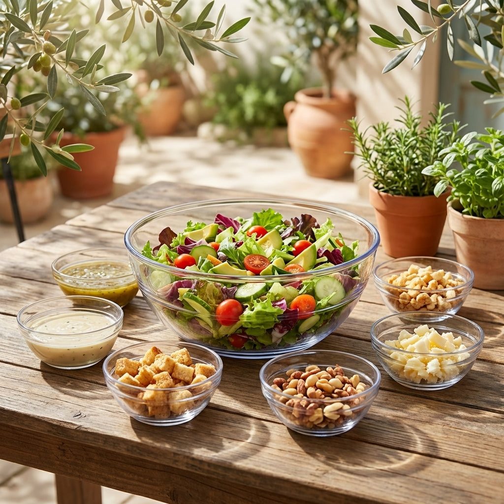 Outdoor setting with a salad bowl and various ingredients on a wooden table.