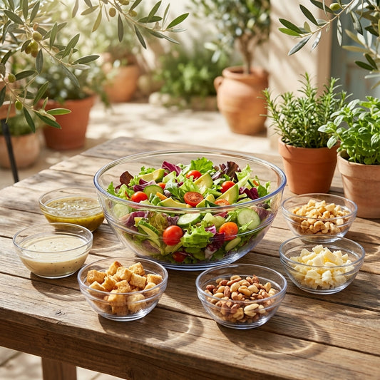 Outdoor setting with a salad bowl and various ingredients on a wooden table.