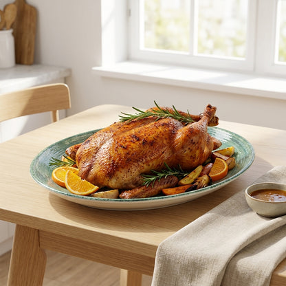 Roasted turkey on a platter with oranges and rosemary on a wooden table.