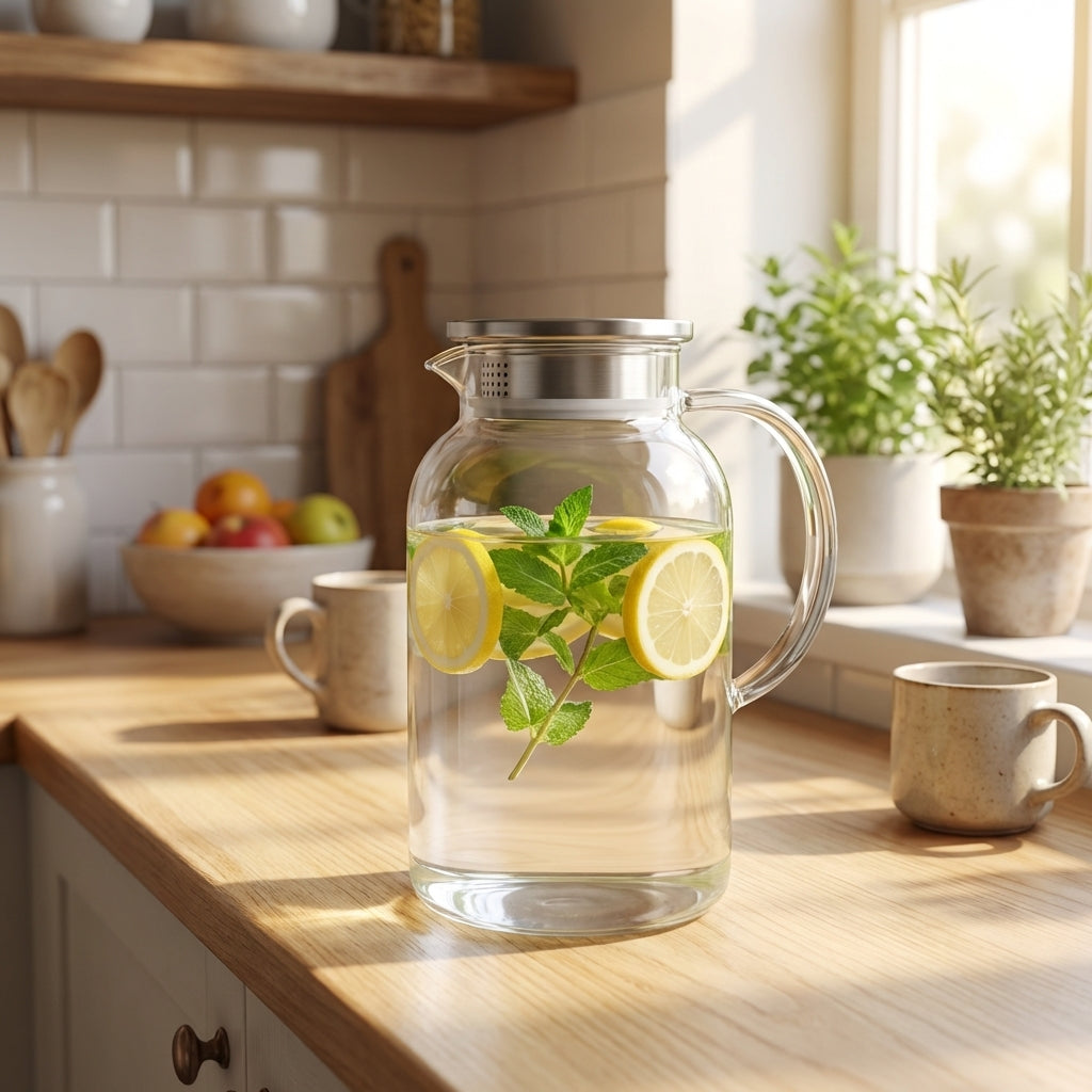 Clear glass pitcher with lemon slices and mint leaves on a kitchen counter.