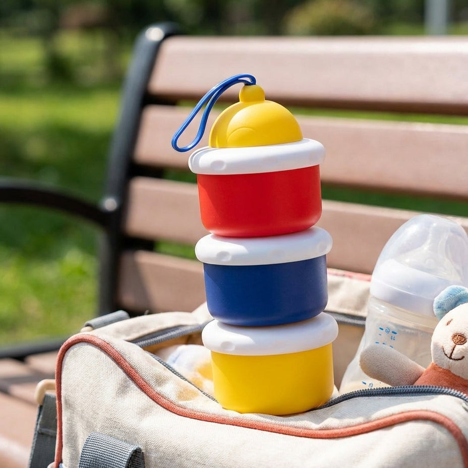 Stack of colorful containers on a bag with a park bench in the background