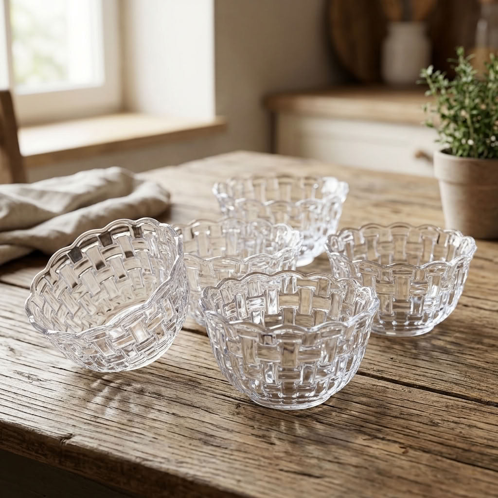 Clear patterned glass bowls on a dark background