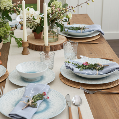 Elegant table setting with plates, glasses, and cutlery on a wooden table.