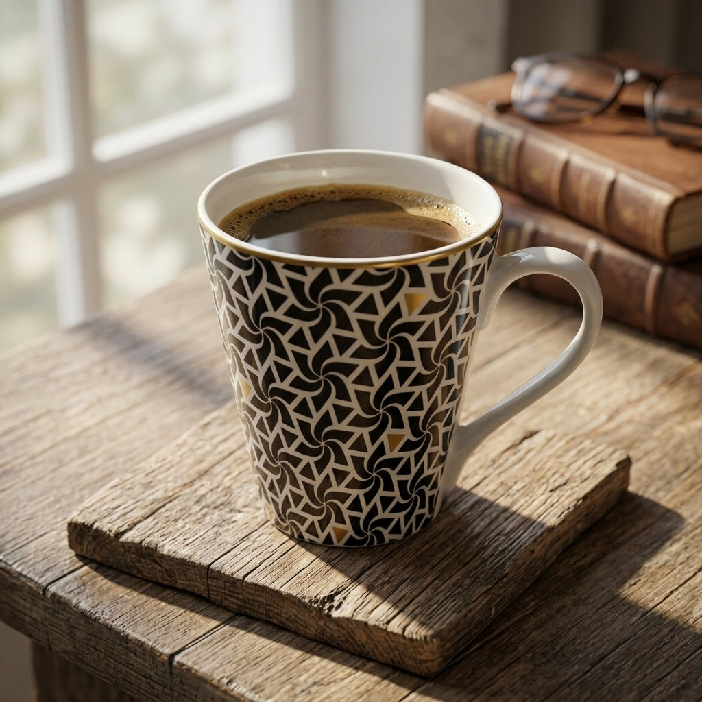 Patterned coffee mug on a wooden table with books and glasses in the background