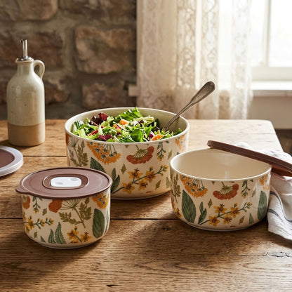 Three floral ceramic bowls with matching lids are arranged on a rustic wooden table in a kitchen setting. One bowl is filled with a salad and a spoon, while the other two are empty.