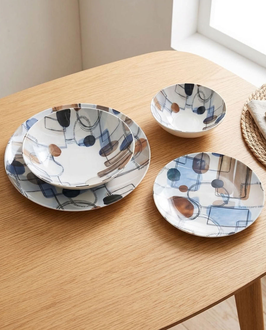 Sora Geometric Porcelain Dinner Set | 24 Pieces Family Tableware Collection