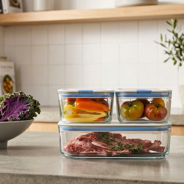A set of clear glass food storage containers with blue lids stacked on a kitchen counter, shown with raw meat and colorful vegetables. A bowl of fruit and greens sits nearby in a bright, modern kitchen setting.