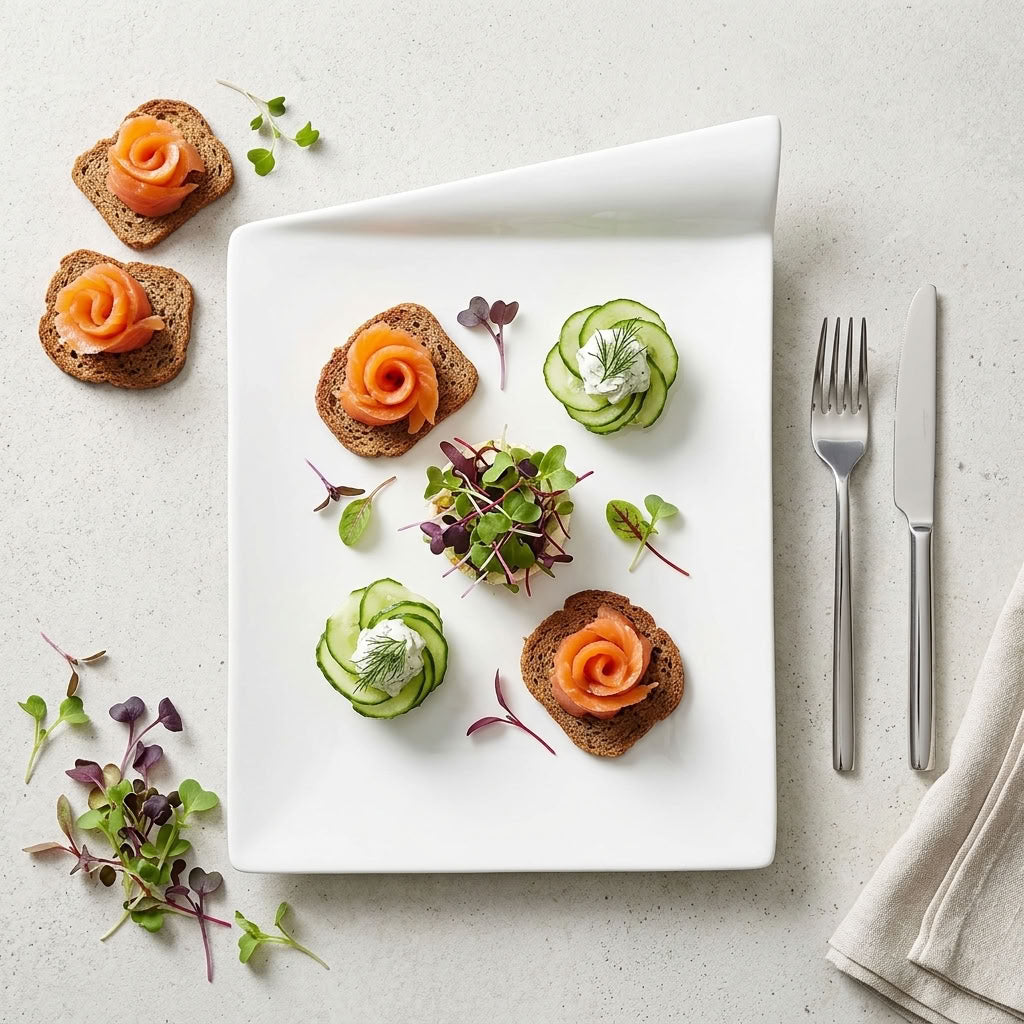 A white rectangular serving platter with a folded corner, styled with four small appetizers: two topped with orange salmon rosettes and two with cucumber rosettes, on a light stone surface. A fork and knife are placed to the right, with microgreens scattered around the platter.