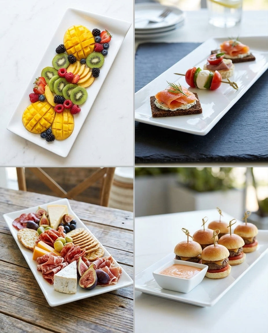 Collage of various food platters including fruits, cold cuts, and sliders.