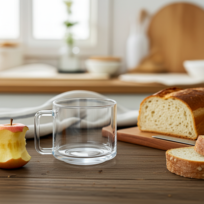 Clear glass mug on a wooden table with bread and an apple in a home setting