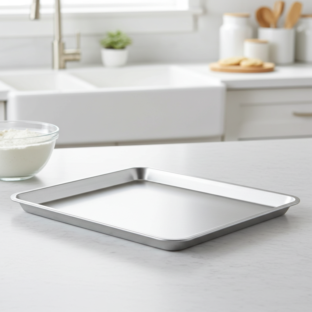Metal baking tray on a kitchen counter with a bowl of flour in the background