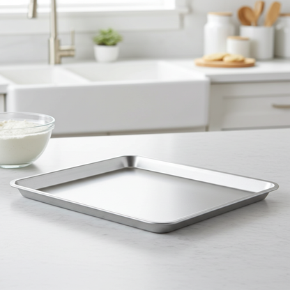 Metal baking tray on a kitchen counter with a bowl of flour in the background