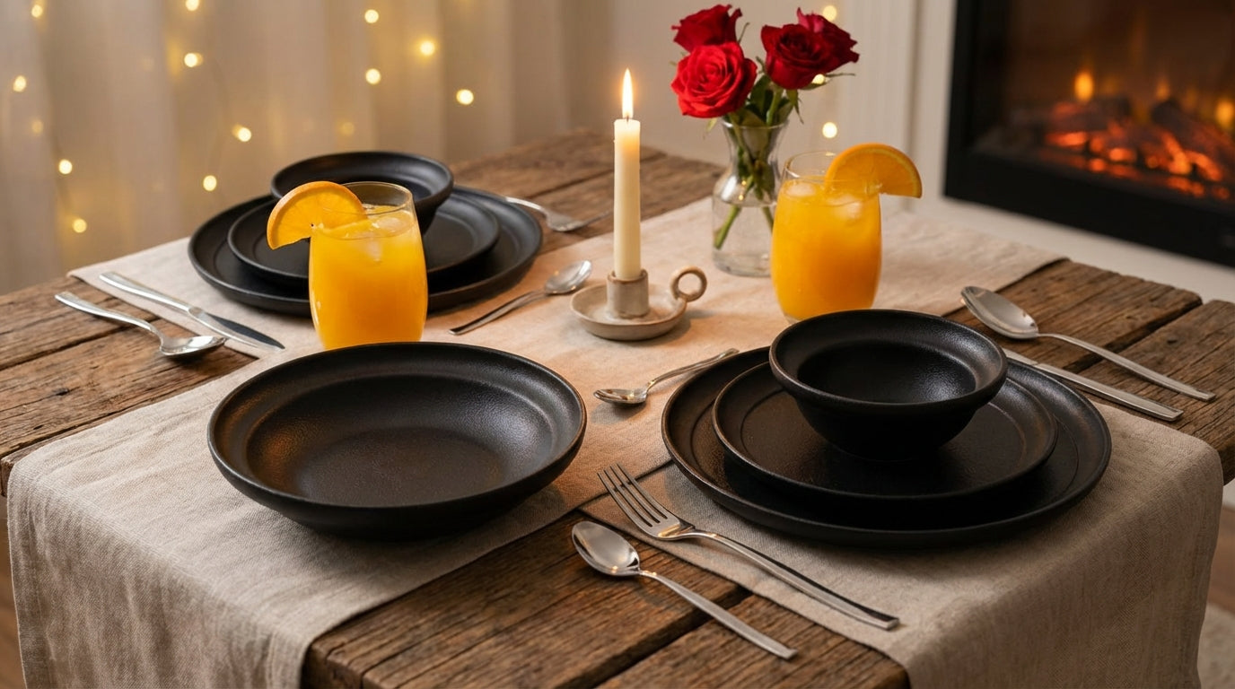 Dinner table setting with black plates, orange juice, and a candle in front of a fireplace.