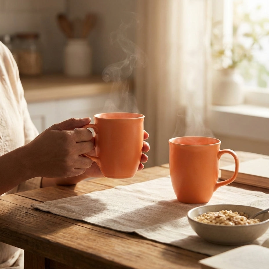 Person holding a steaming orange mug on a wooden table with another mug and bowl of cereal.