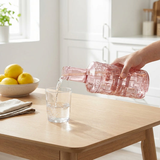 Person pouring water from a pink woven bottle into a glass on a wooden table.