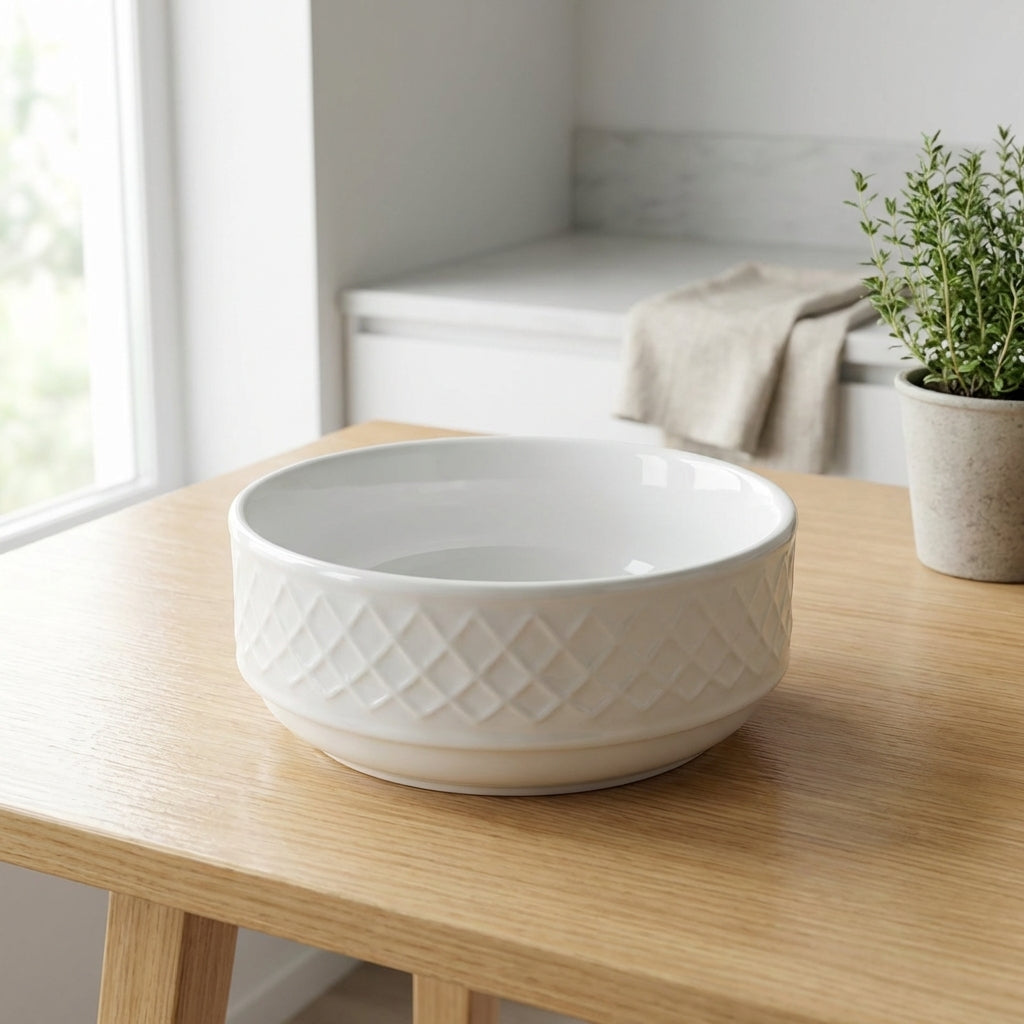 White ceramic bowl with diamond pattern on a wooden table, with a plant in the background.