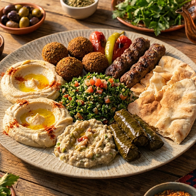 Platter of Middle Eastern food including falafel, hummus, and naan on a wooden table.