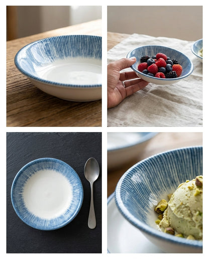 A 2x2 collage showing a blue and white ceramic bowl with a textured rim, shown empty on a wooden table, held by a hand with berries, with a spoon on a dark surface, and filled with green ice cream.