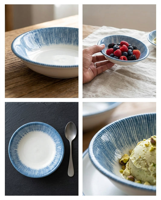 A 2x2 collage showing a blue and white ceramic bowl with a textured rim, shown empty on a wooden table, held by a hand with berries, with a spoon on a dark surface, and filled with green ice cream.