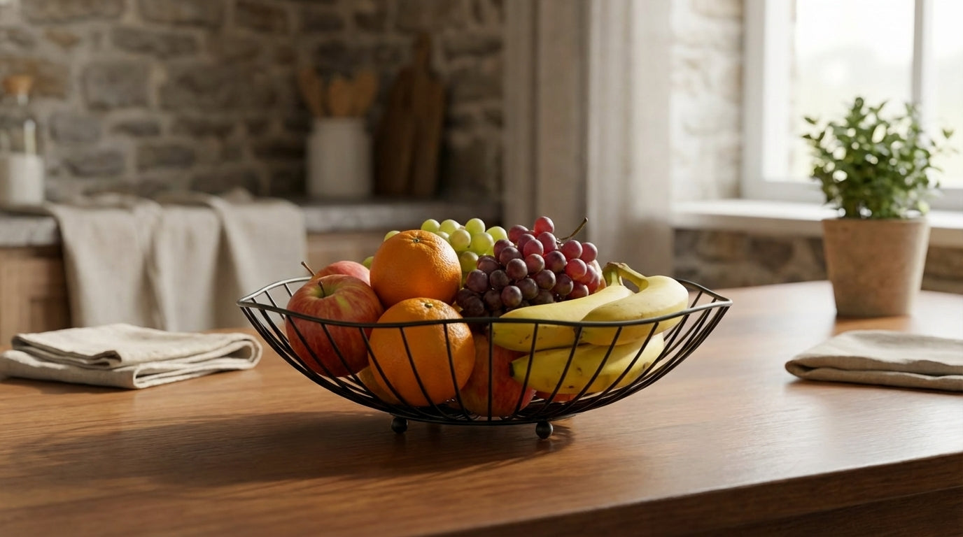Fruit bowl with apples, oranges, and grapes on a wooden table in a kitchen.