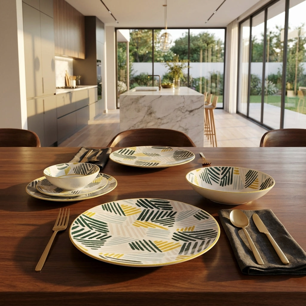 Vrich 24-Piece Dinner Set | Soft Pastel Line Design | Premium Microwave & Dishwasher Safe Porcelain