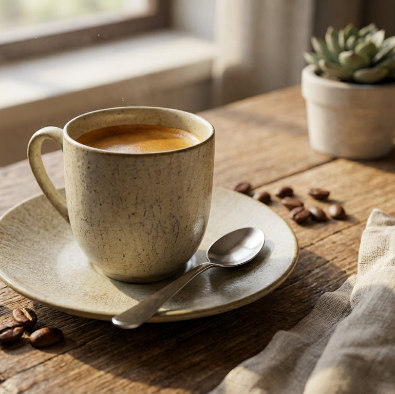 Cup of coffee on a wooden table with a plant in the background