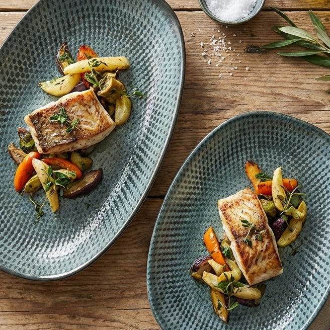 Two blue plates with fish and vegetables on a wooden table with olive branches and oil bottle.
