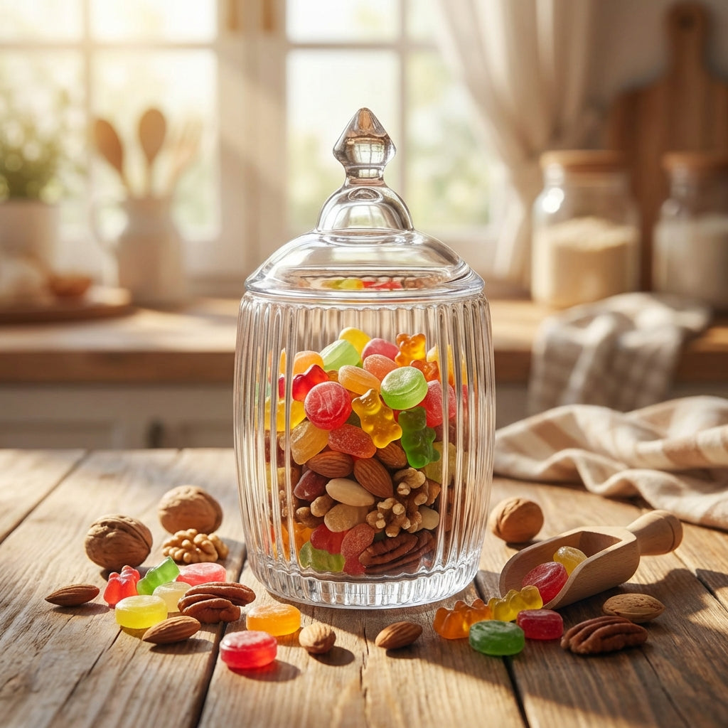 Glass jar filled with colorful candies and nuts on a wooden table in a kitchen.