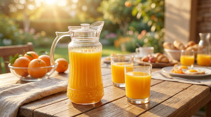Clear pitcher and glasses filled with orange juice on a wooden table outdoors.