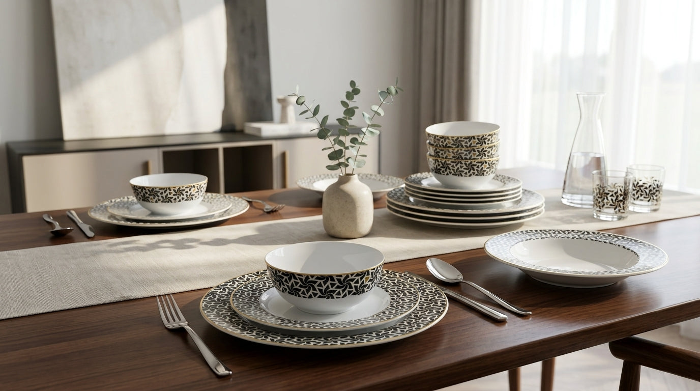 Dining table set with patterned ceramic plates, bowls, and cutlery on a wooden surface.
