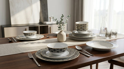 Dining table set with patterned ceramic plates, bowls, and cutlery on a wooden surface.