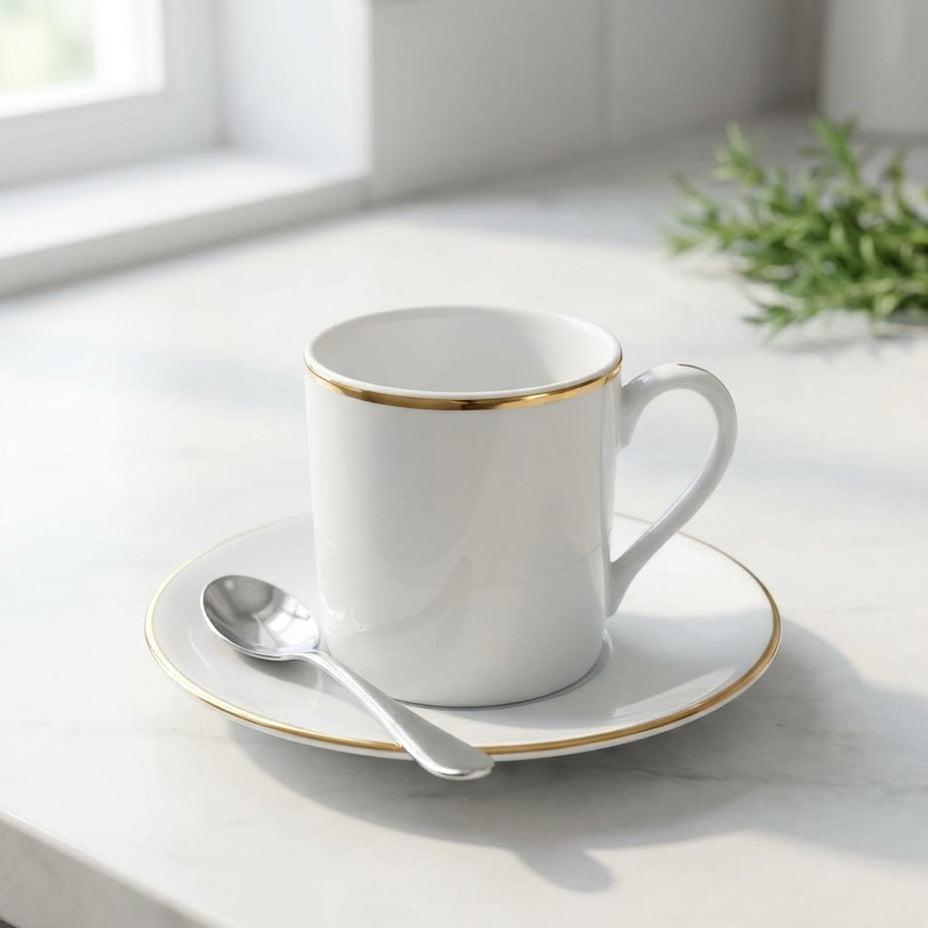 White mug with gold rim on a saucer with a spoon, placed on a light surface with a window and plant in the background.
