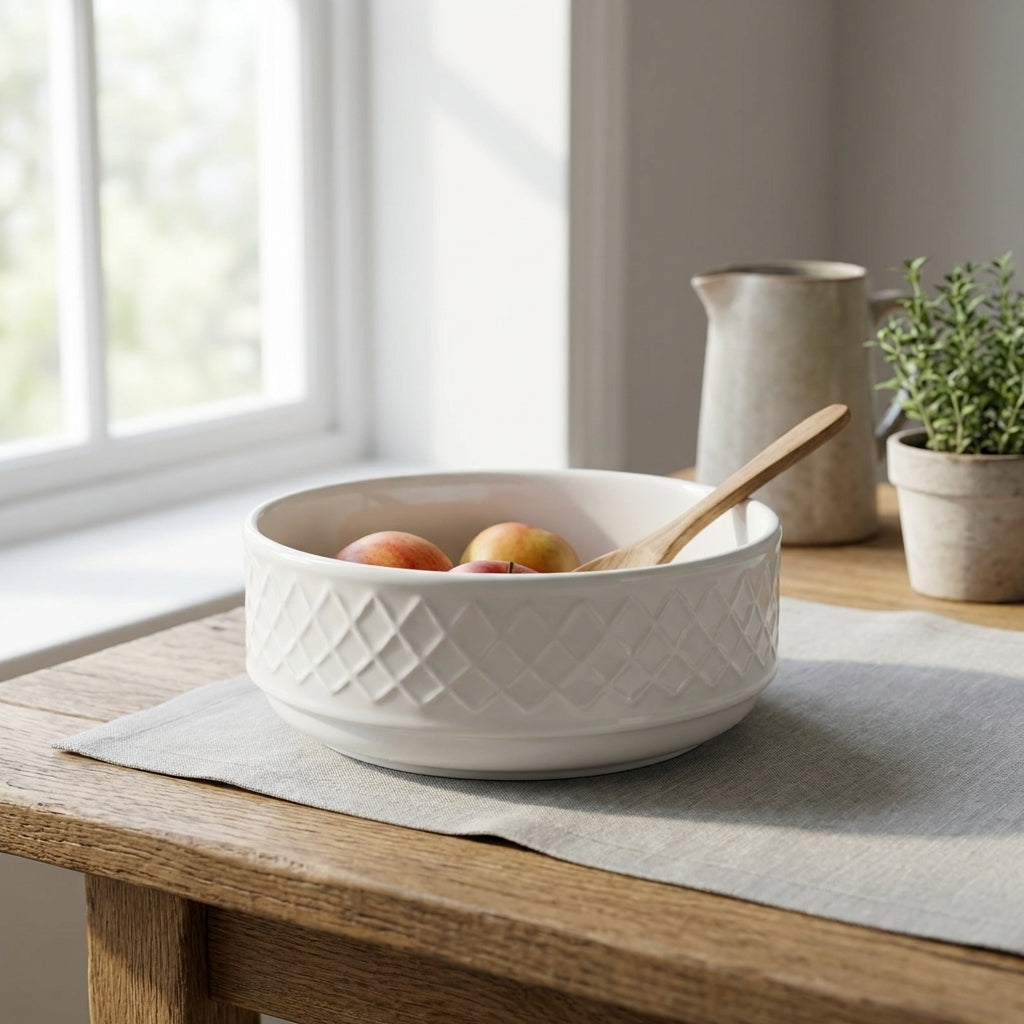 White textured bowl with peaches and a wooden spoon on a wooden table, natural light coming through a window.