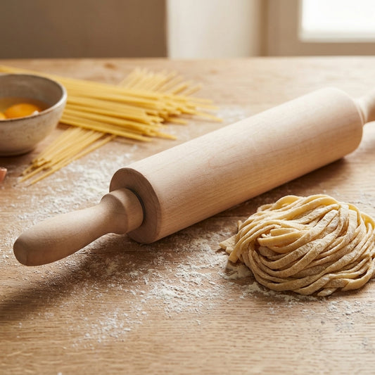 A light natural wood rolling pin resting on a wooden table dusted with flour, next to a small pile of handmade pasta and a small bowl with an egg yolk. Uncooked spaghetti is visible in the background.