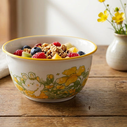 Colorful bowl of cereal with fruit on a wooden table next to a vase with flowers