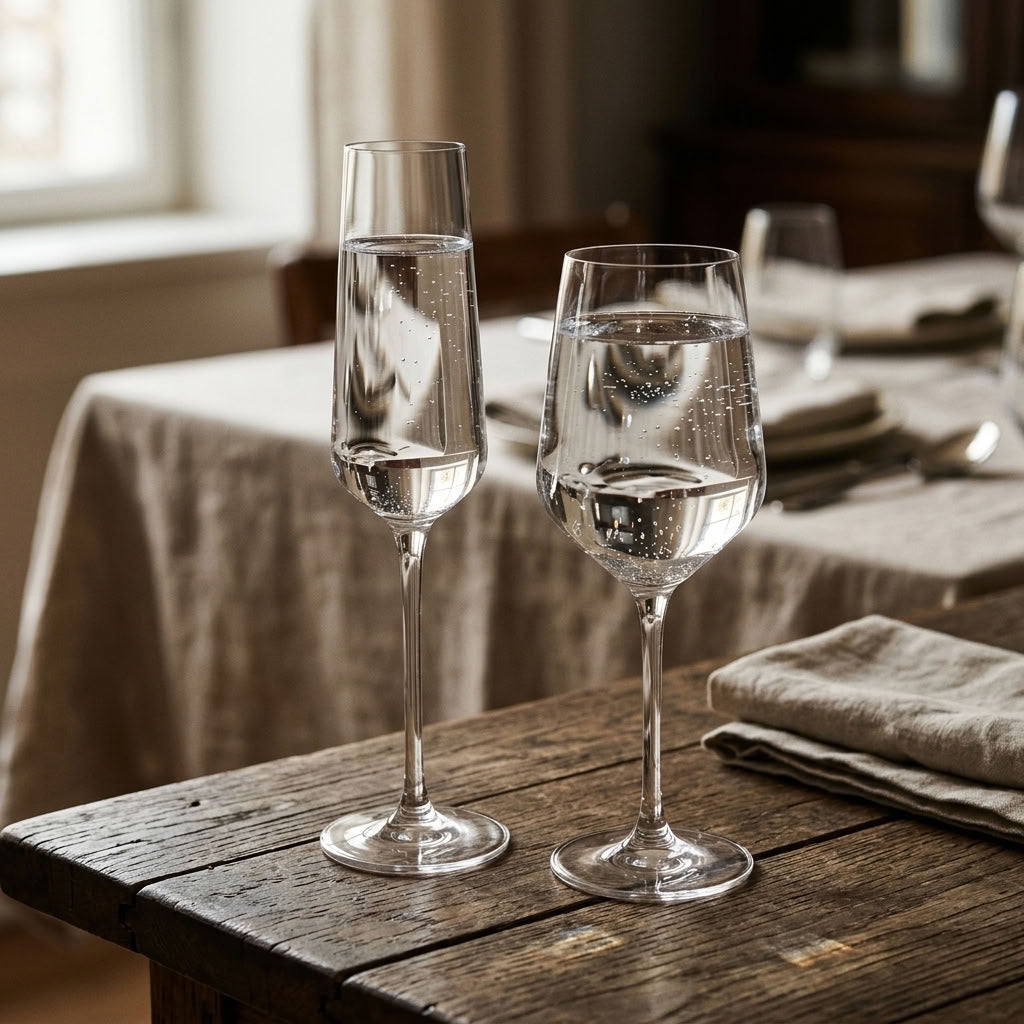 Champagne flute and wine glass filled with water