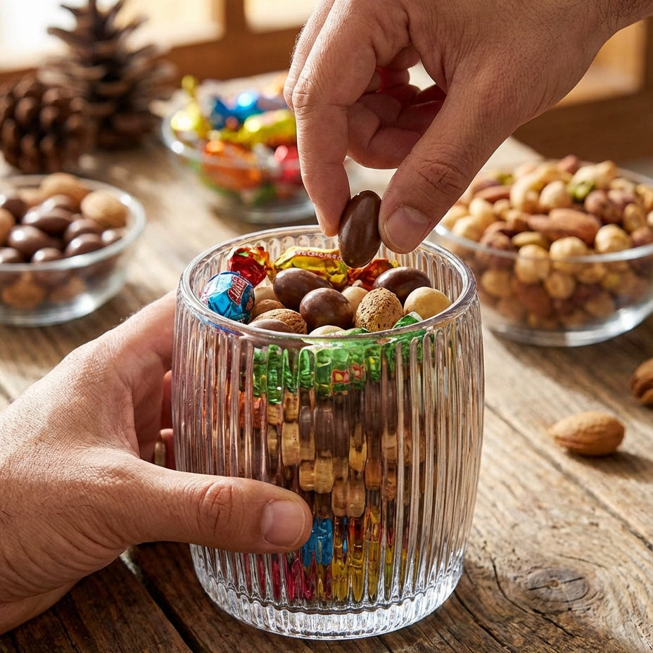 Hand reaching into a glass container filled with assorted nuts and candies on a wooden table.