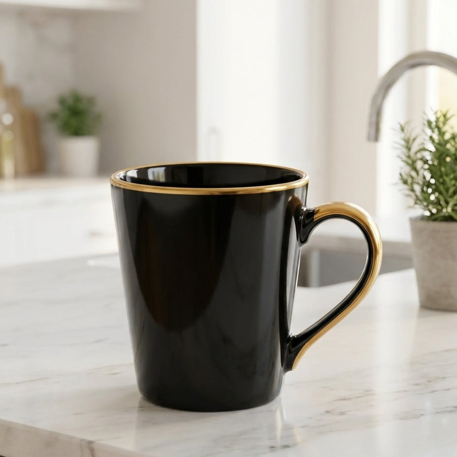 Black mug with gold handle on a kitchen counter