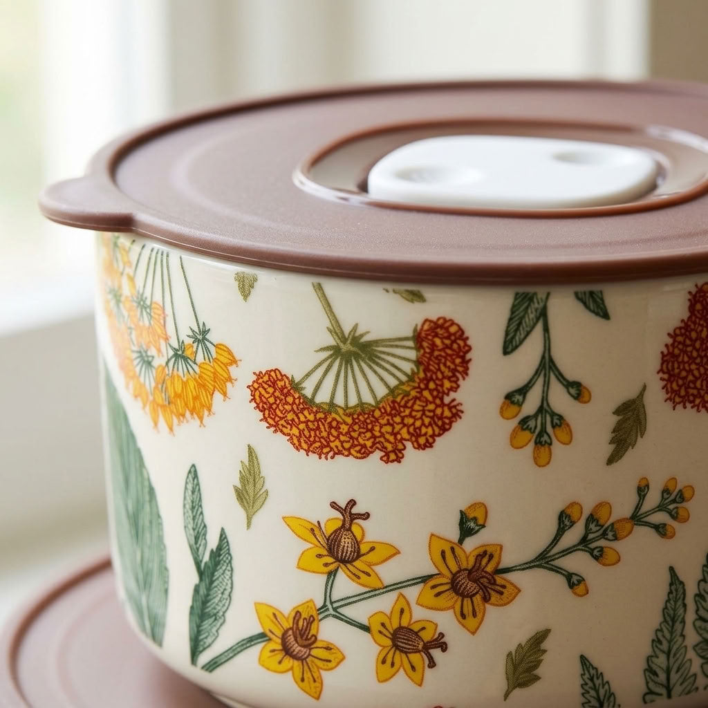 A close-up of a ceramic storage container with a brown lid and a cream-colored body decorated with a colorful botanical pattern of yellow flowers and green leaves.