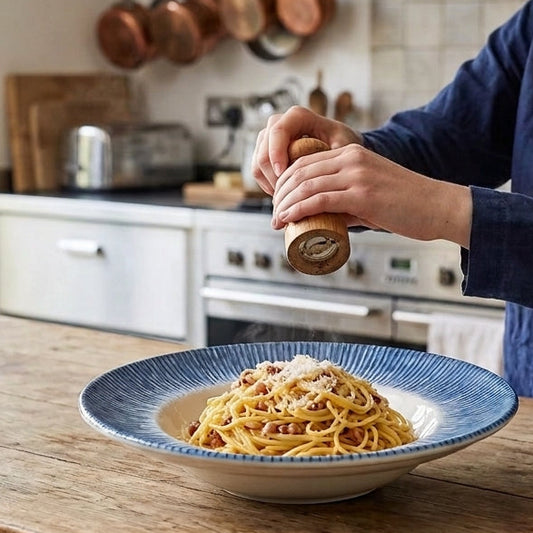 A woman in a navy blue hijab grinds pepper onto a bowl of spaghetti with white sauce on a rustic wooden kitchen island. The bowl has a blue and white patterned rim.