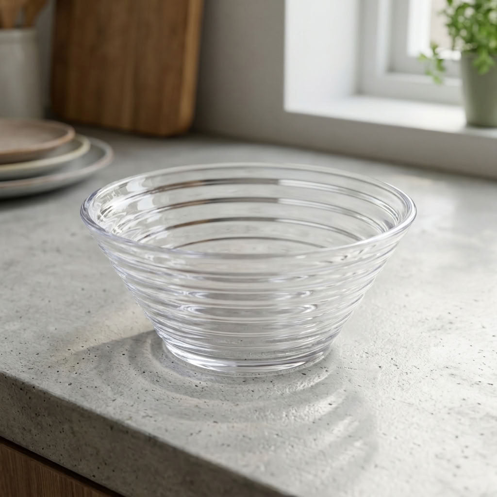 A clear ribbed glass bowl with a conical shape, shown on a speckled gray kitchen countertop near a window.