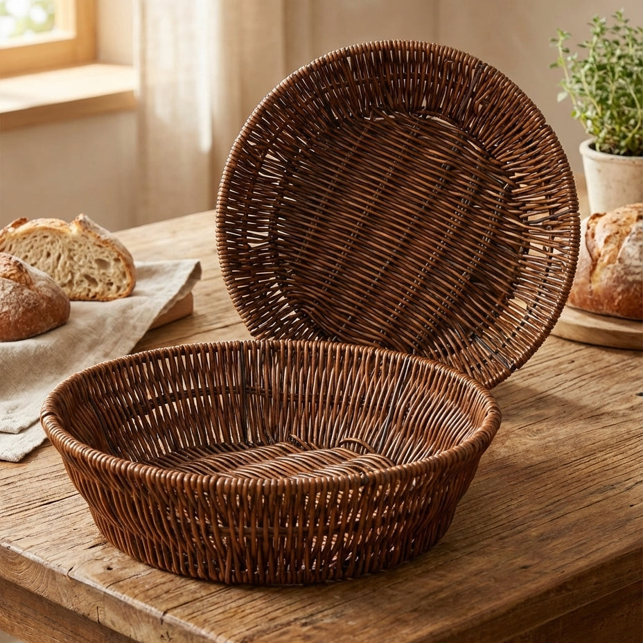 Wicker baskets on a wooden table with bread and plants in the background